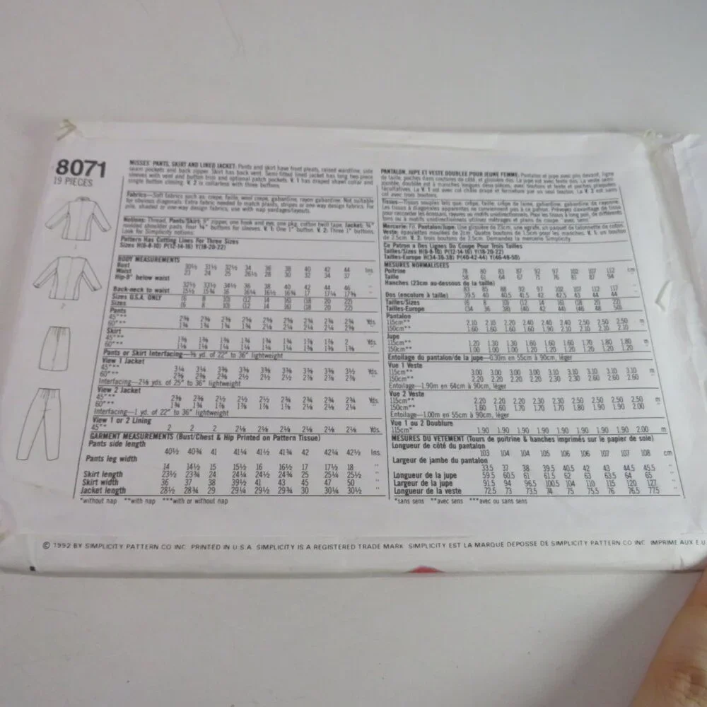 simplicity 8071 UNCUT jacket, pants, skirt sewing pattern